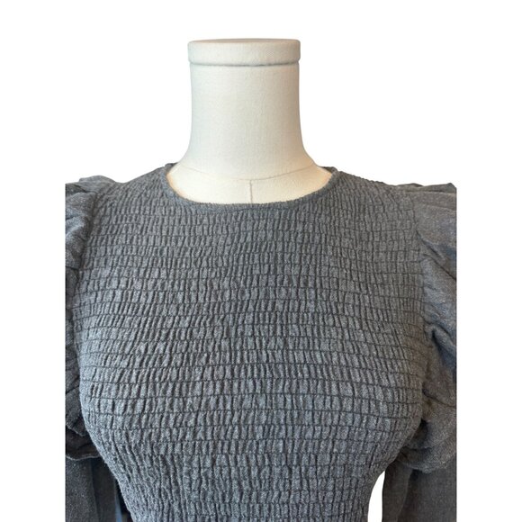 2/$30 Zara Gray Smocked Top Small, Ruffle Sleeves, Polyester Cotton Blend - Picture 4 of 13